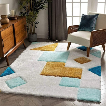 White with Yellow Multi 3D Cut Collection Classical Look Shaggy Carpet