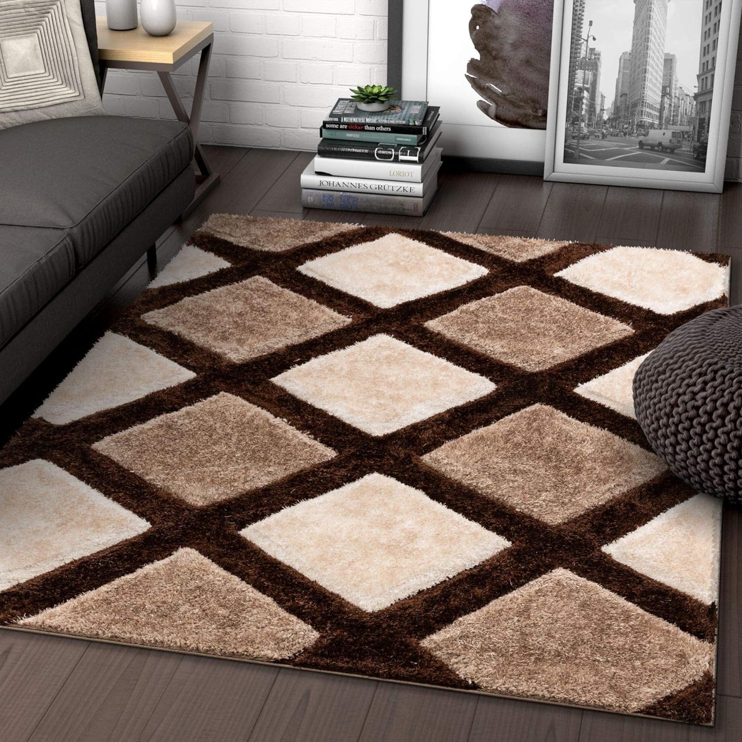 Brown with Ivory 3D Rhombus Cut Collection Classical Look Shaggy Carpet