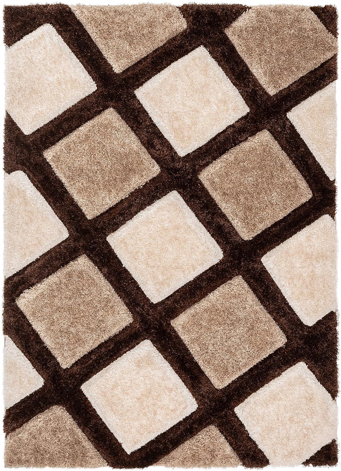 Brown with Ivory 3D Rhombus Cut Collection Classical Look Shaggy Carpet