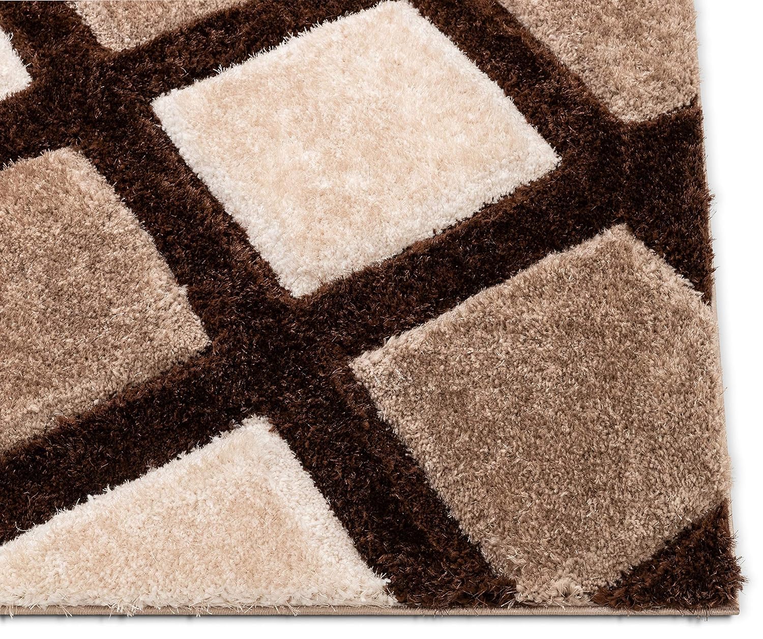 Brown with Ivory 3D Rhombus Cut Collection Classical Look Shaggy Carpet - FYROSTIC CARPET