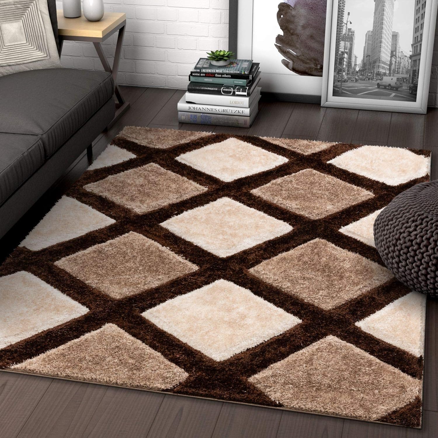 Brown with Ivory 3D Rhombus Cut Collection Classical Look Shaggy Carpet - FYROSTIC CARPET