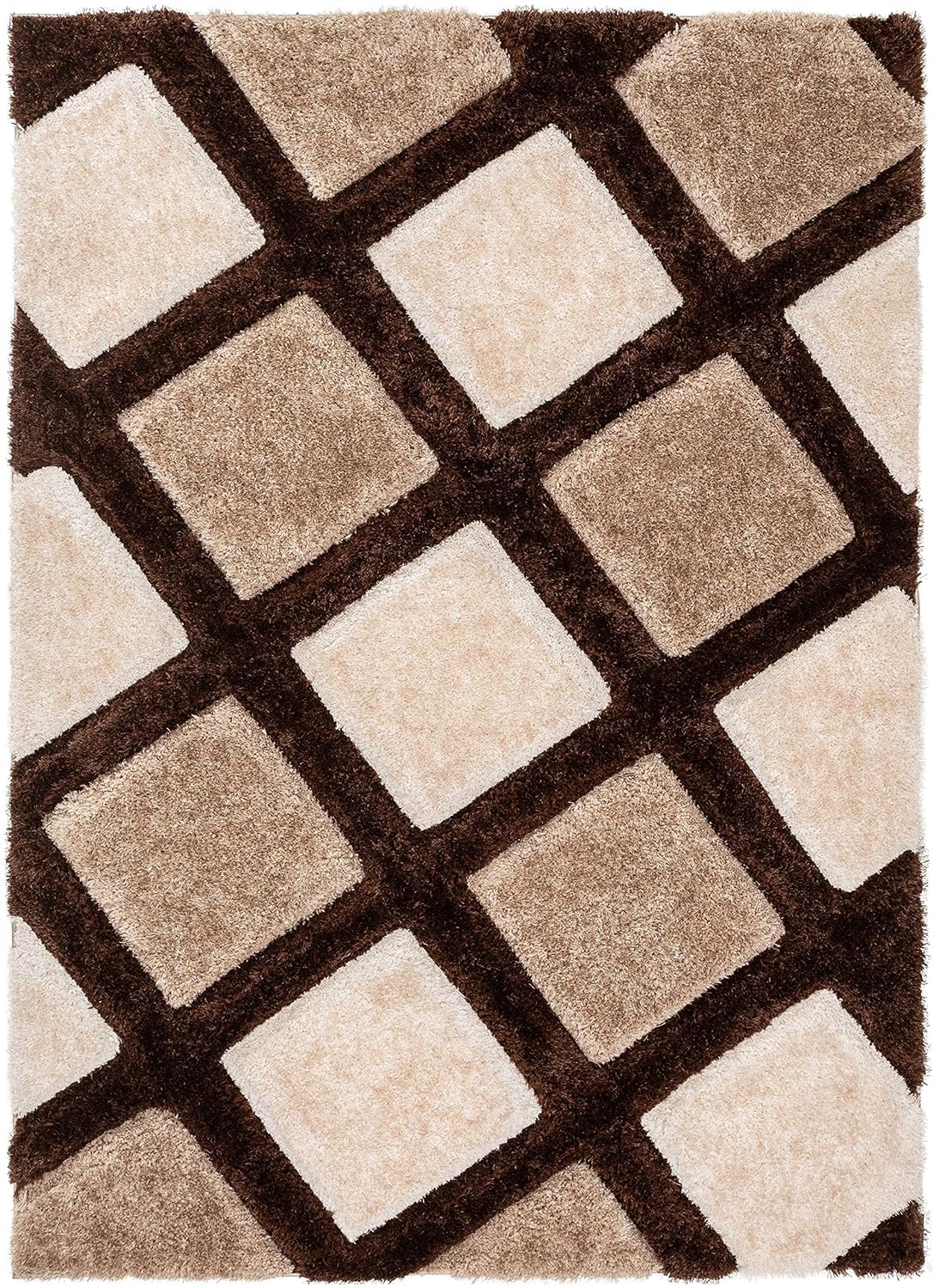 Brown with Ivory 3D Rhombus Cut Collection Classical Look Shaggy Carpet - FYROSTIC CARPET