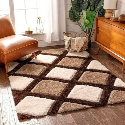 Brown with Ivory 3D Rhombus Cut Collection Classical Look Shaggy Carpet - FYROSTIC CARPET