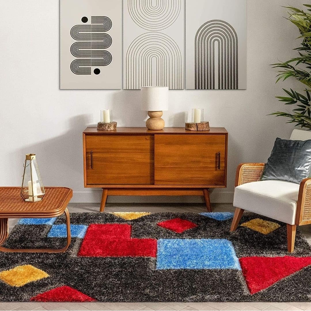 Gray with Red Multi 3D Cut Collection Classical Look Shaggy Carpet - FYROSTIC CARPET