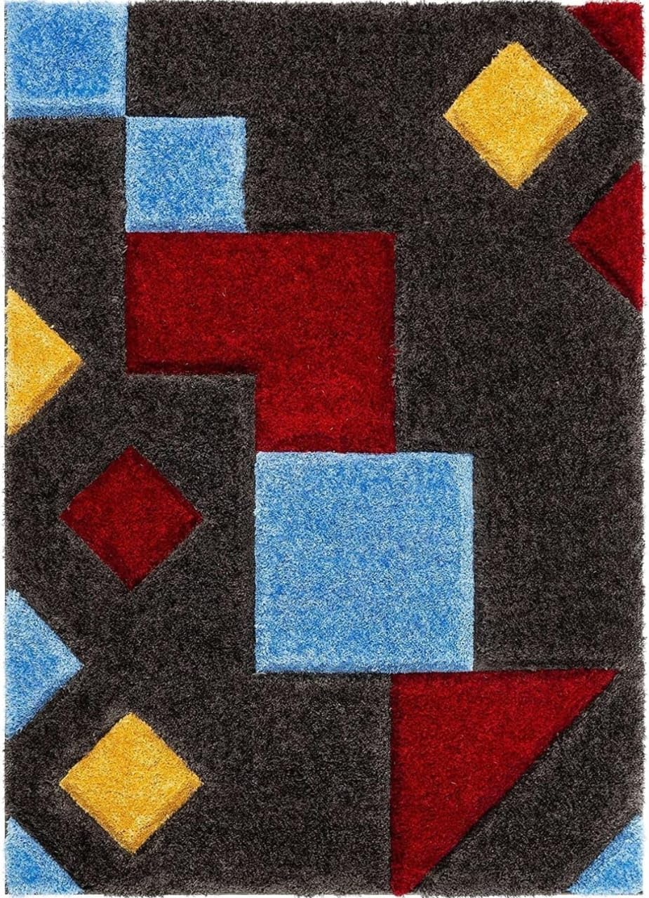 Gray with Red Multi 3D Cut Collection Classical Look Shaggy Carpet - FYROSTIC CARPET