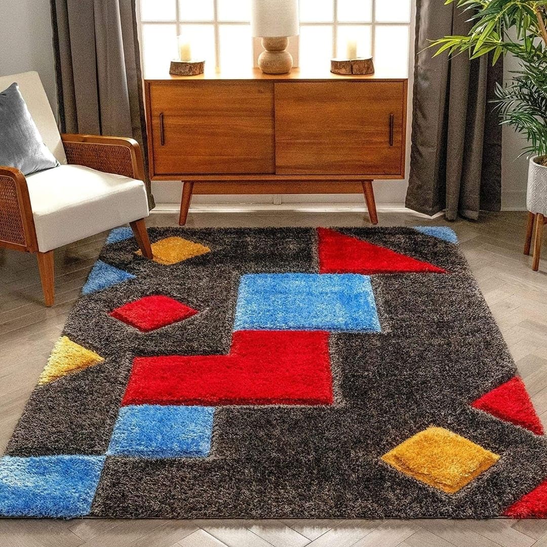 Gray with Red Multi 3D Cut Collection Classical Look Shaggy Carpet - FYROSTIC CARPET