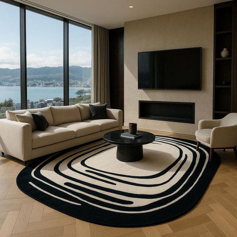 Modern Monochrome Hand-Tufted Wool Rug | Abstract Contour Area Carpet