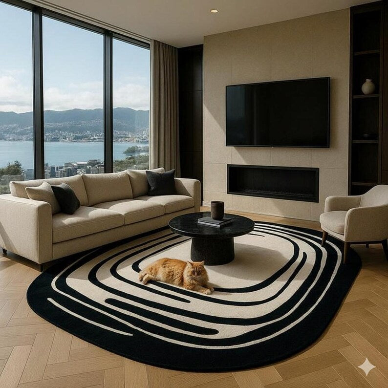 Modern Monochrome Hand-Tufted Wool Rug | Abstract Contour Area Carpet