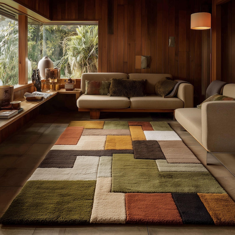 Mid-Century Modern Hand-Tufted Wool Rug | Retro Color Block Carpet