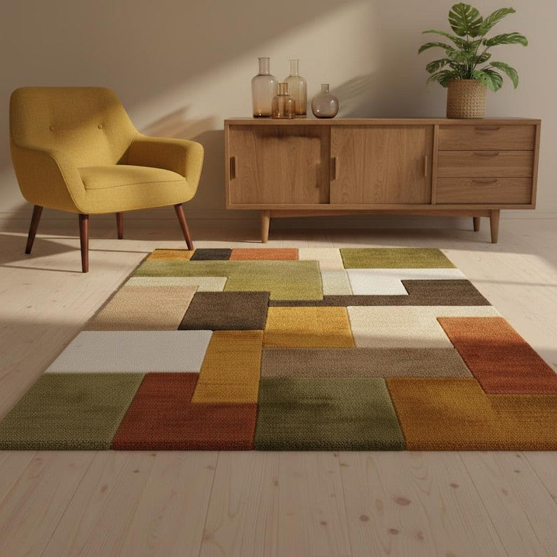 Mid-Century Modern Hand-Tufted Wool Rug | Retro Color Block Carpet