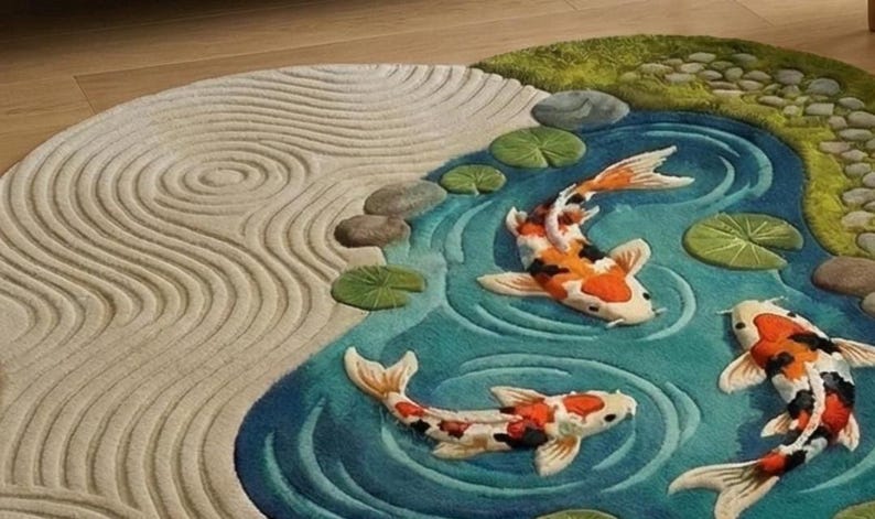 Japanese Koi Pond Wool Rug | 3D Hand-Tufted Zen Garden Area Carpet for Living Room, Bedroom & Meditation Space 🐟🌿✨