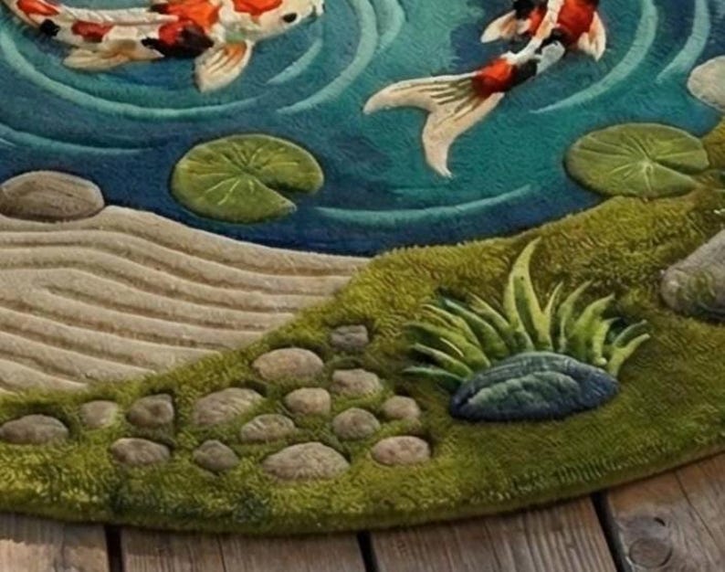Japanese Koi Pond Wool Rug | 3D Hand-Tufted Zen Garden Area Carpet for Living Room, Bedroom & Meditation Space 🐟🌿✨
