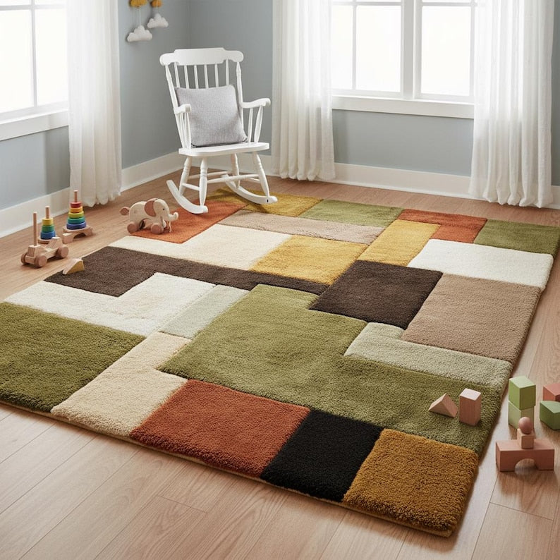 Mid-Century Modern Hand-Tufted Wool Rug | Retro Color Block Carpet