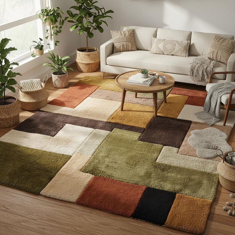 Mid-Century Modern Hand-Tufted Wool Rug | Retro Color Block Carpet