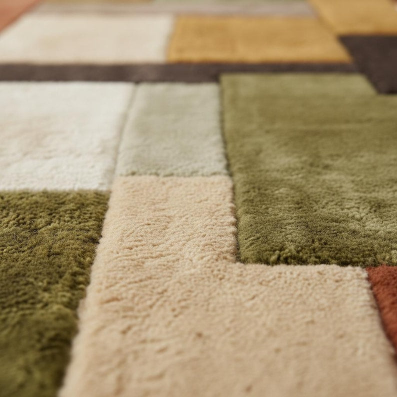 Mid-Century Modern Hand-Tufted Wool Rug | Retro Color Block Carpet