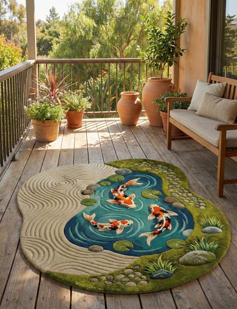 Japanese Koi Pond Wool Rug | 3D Hand-Tufted Zen Garden Area Carpet for Living Room, Bedroom & Meditation Space 🐟🌿✨