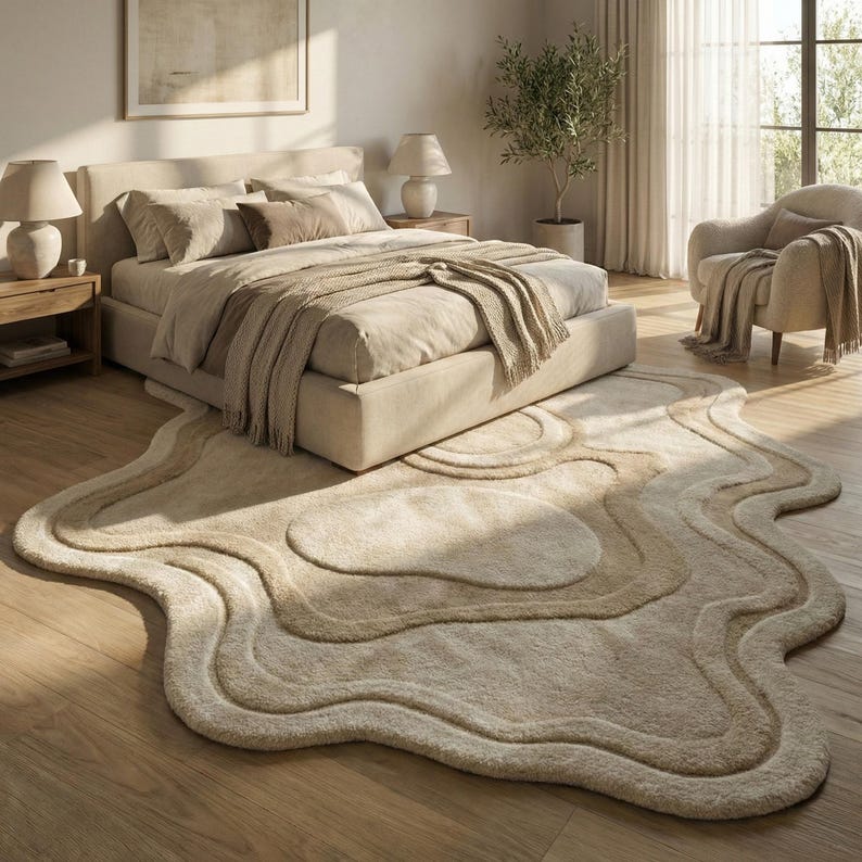Neutral Abstract Hand-Tufted Wool Rug | Organic Shape Scandinavian Area Carpet