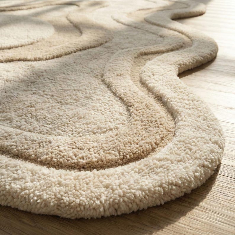 Neutral Abstract Hand-Tufted Wool Rug | Organic Shape Scandinavian Area Carpet