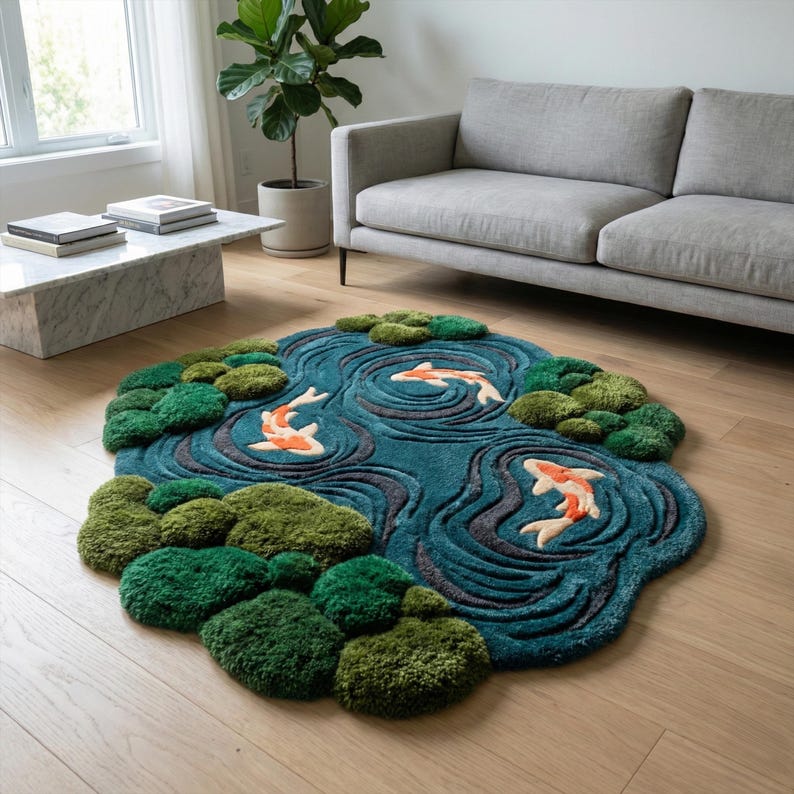 Moss Blue Koi Fish Pond Wool Rug | 3D Hand-Tufted Irregular Area Carpet