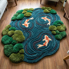 Moss Blue Koi Fish Pond Wool Rug | 3D Hand-Tufted Irregular Area Carpet