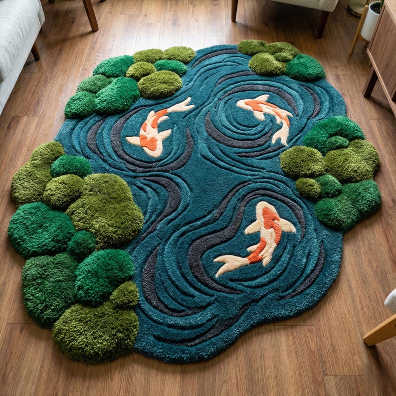 Moss Blue Koi Fish Pond Wool Rug | 3D Hand-Tufted Irregular Area Carpet