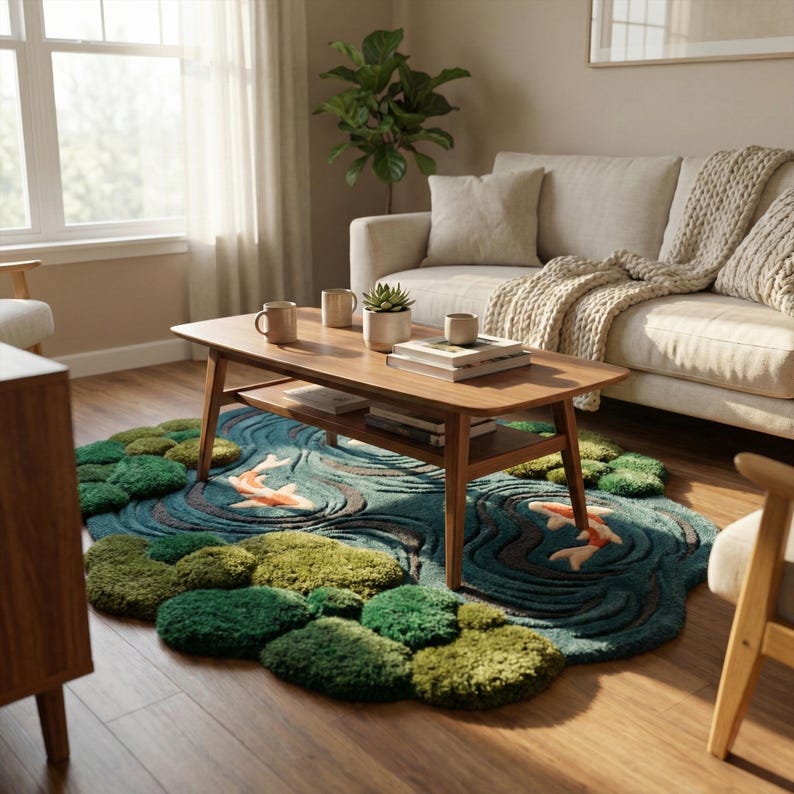 Moss Blue Koi Fish Pond Wool Rug | 3D Hand-Tufted Irregular Area Carpet