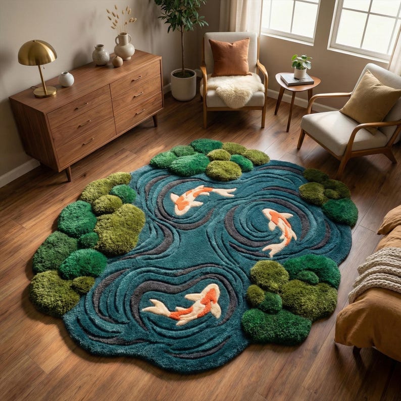 Moss Blue Koi Fish Pond Wool Rug | 3D Hand-Tufted Irregular Area Carpet