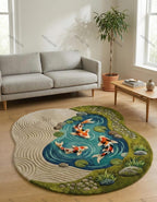 Japanese Koi Pond Wool Rug | 3D Hand-Tufted Zen Garden Area Carpet for Living Room, Bedroom & Meditation Space 🐟🌿✨