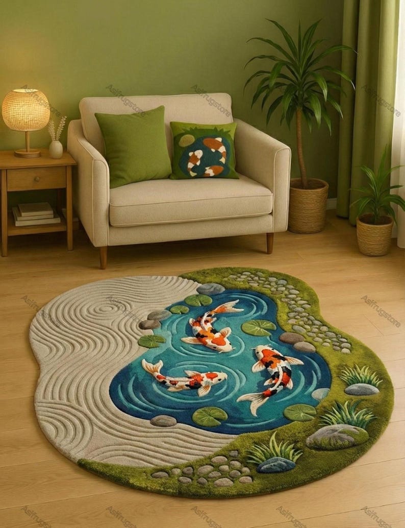Japanese Koi Pond Wool Rug | 3D Hand-Tufted Zen Garden Area Carpet for Living Room, Bedroom & Meditation Space 🐟🌿✨