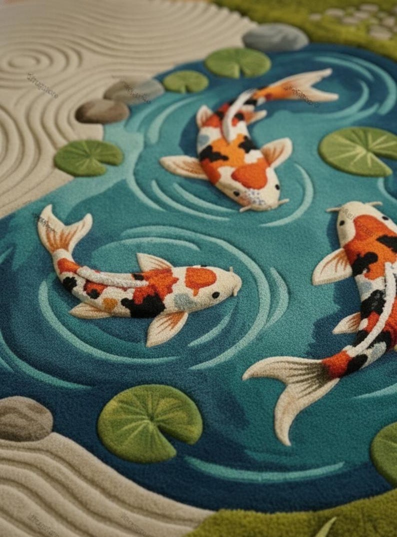Japanese Koi Pond Wool Rug | 3D Hand-Tufted Zen Garden Area Carpet for Living Room, Bedroom & Meditation Space 🐟🌿✨