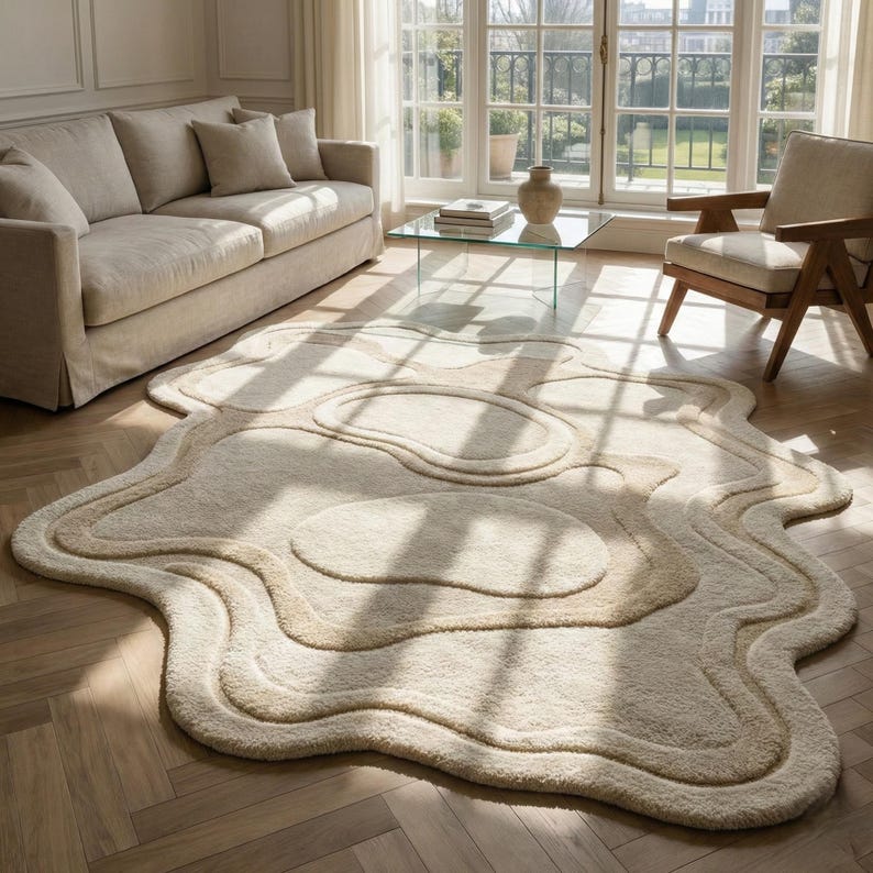 Neutral Abstract Hand-Tufted Wool Rug | Organic Shape Scandinavian Area Carpet