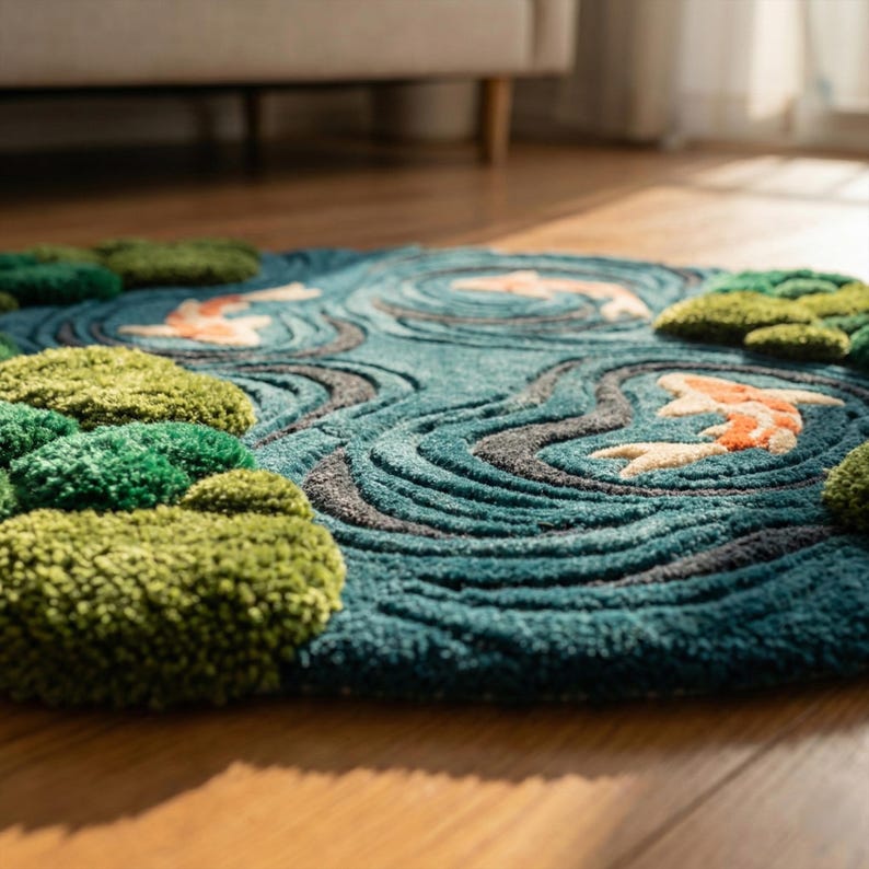 Moss Blue Koi Fish Pond Wool Rug | 3D Hand-Tufted Irregular Area Carpet