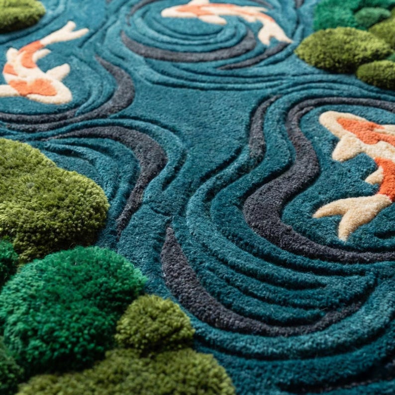 Moss Blue Koi Fish Pond Wool Rug | 3D Hand-Tufted Irregular Area Carpet