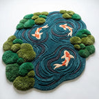 Moss Blue Koi Fish Pond Wool Rug | 3D Hand-Tufted Irregular Area Carpet