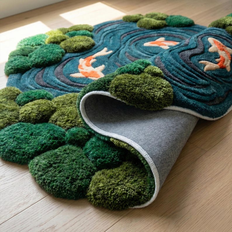 Moss Blue Koi Fish Pond Wool Rug | 3D Hand-Tufted Irregular Area Carpet