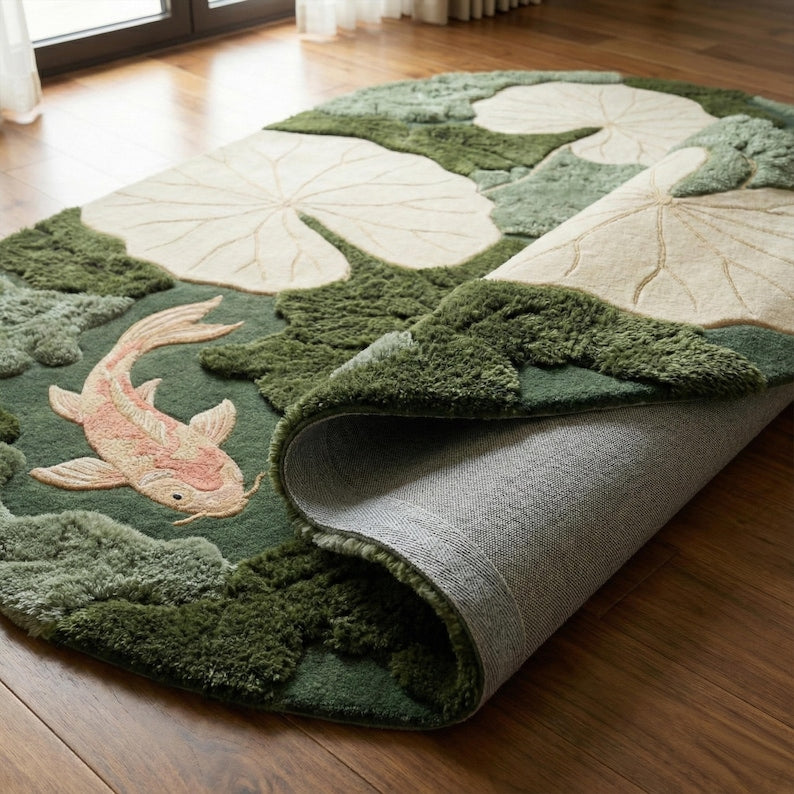 Lotus Pond Koi Fish Wool Rug | 3D Hand-Tufted Luxury Area Carpet
