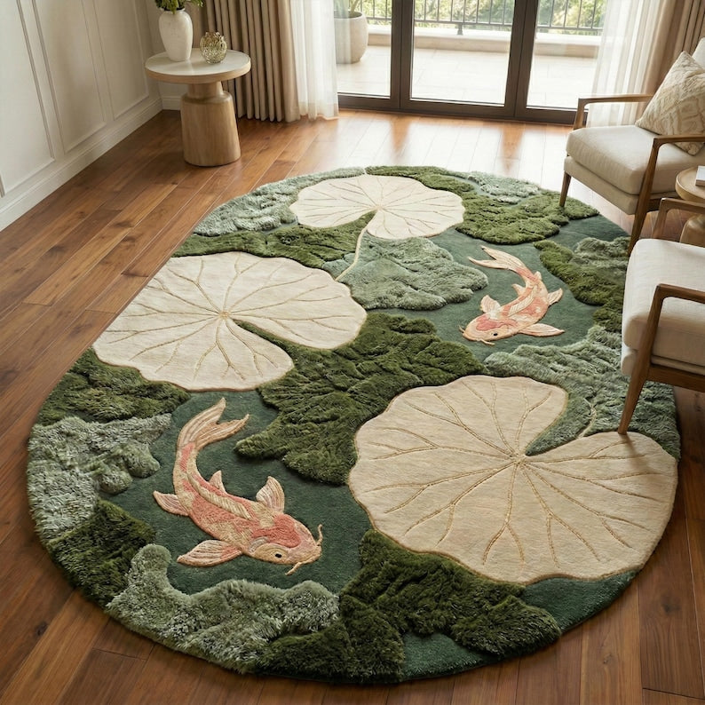 Lotus Pond Koi Fish Wool Rug | 3D Hand-Tufted Luxury Area Carpet