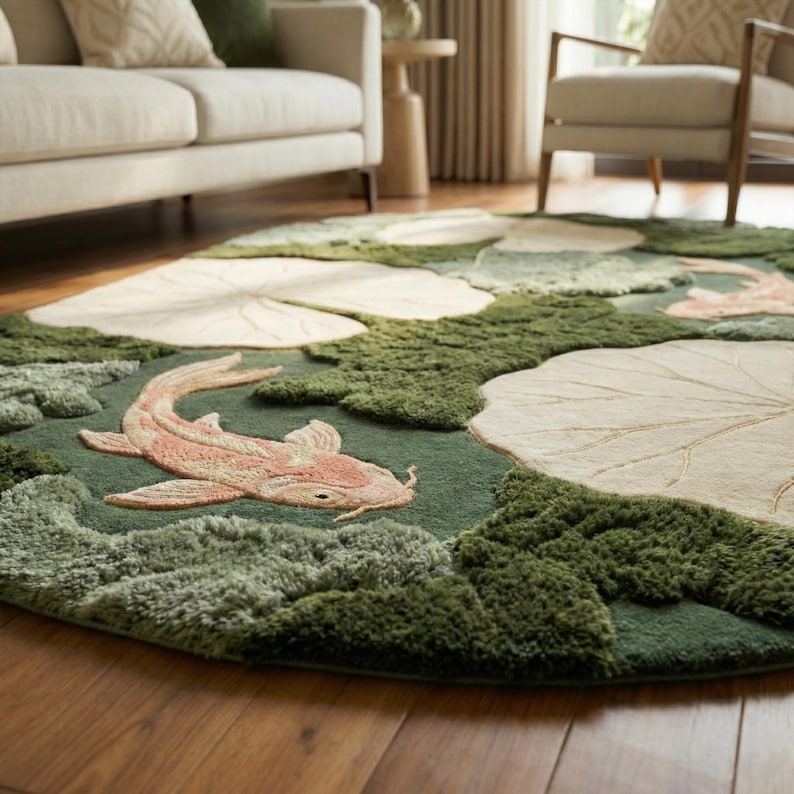 Lotus Pond Koi Fish Wool Rug | 3D Hand-Tufted Luxury Area Carpet