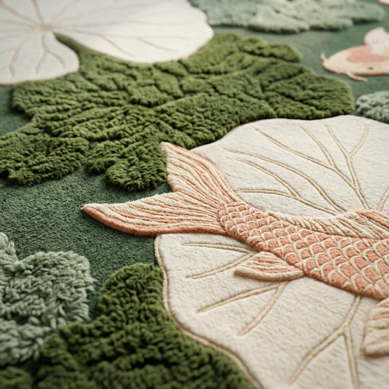Lotus Pond Koi Fish Wool Rug | 3D Hand-Tufted Luxury Area Carpet
