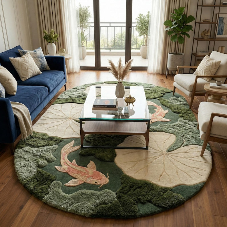 Lotus Pond Koi Fish Wool Rug | 3D Hand-Tufted Luxury Area Carpet