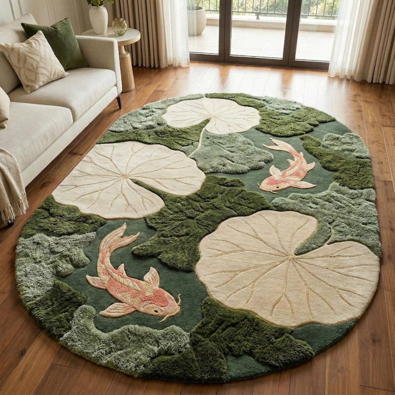 Lotus Pond Koi Fish Wool Rug | 3D Hand-Tufted Luxury Area Carpet