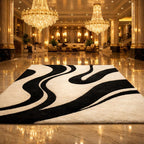 Black & White Abstract Wave Handmade Wool Rug | Modern Scandinavian Area Carpet