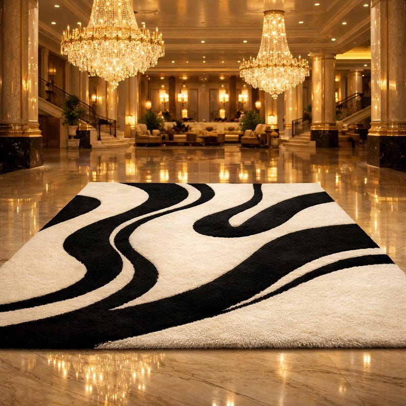 Black & White Abstract Wave Handmade Wool Rug | Modern Scandinavian Area Carpet