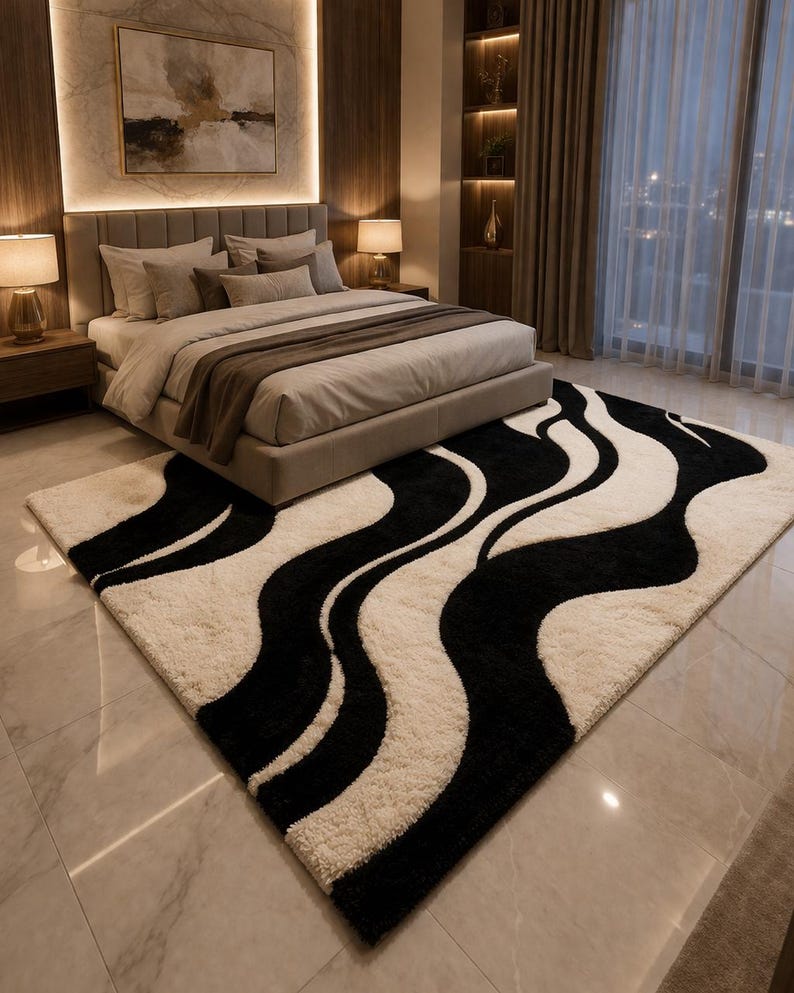 Black & White Abstract Wave Handmade Wool Rug | Modern Scandinavian Area Carpet