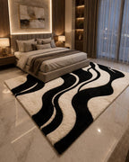 Black & White Abstract Wave Handmade Wool Rug | Modern Scandinavian Area Carpet