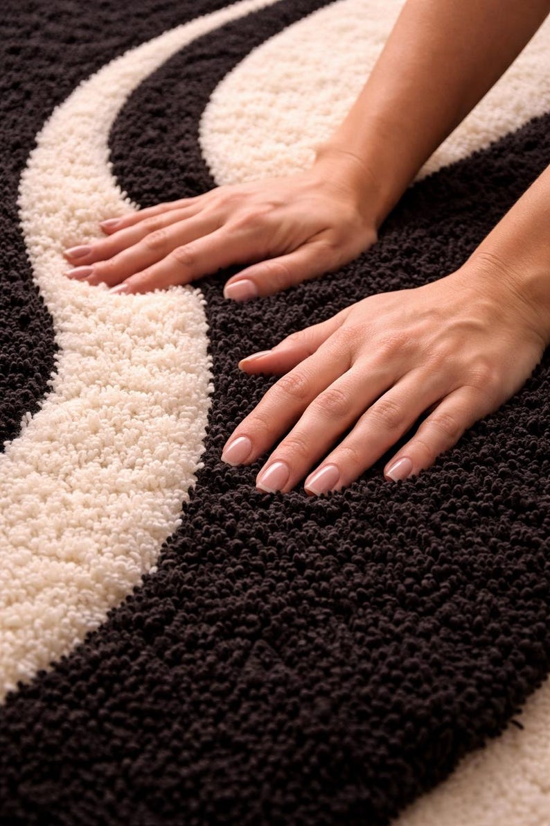 Black & White Abstract Wave Handmade Wool Rug | Modern Scandinavian Area Carpet