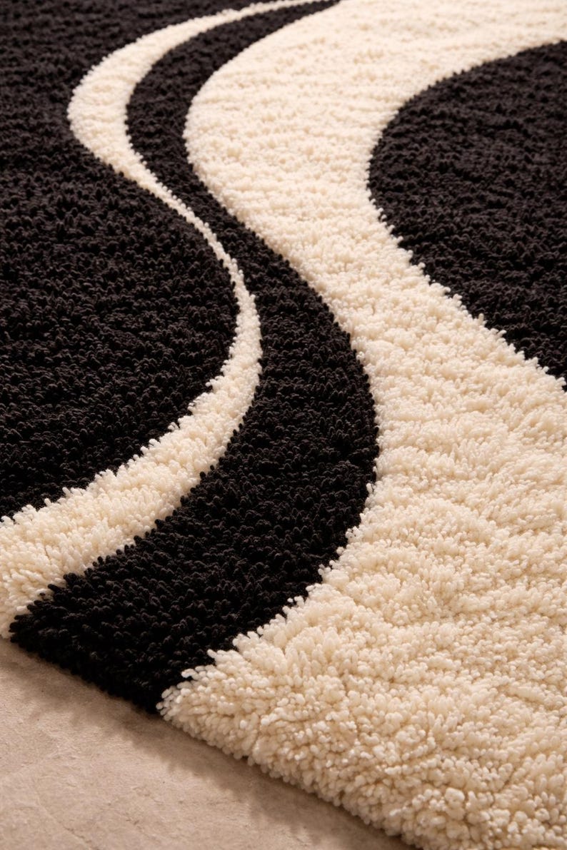 Black & White Abstract Wave Handmade Wool Rug | Modern Scandinavian Area Carpet