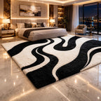 Black & White Abstract Wave Handmade Wool Rug | Modern Scandinavian Area Carpet
