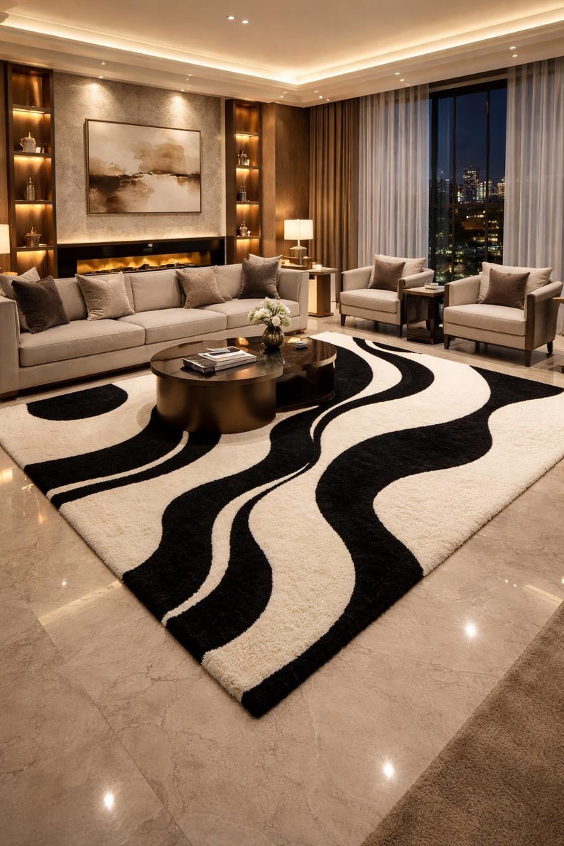 Black & White Abstract Wave Handmade Wool Rug | Modern Scandinavian Area Carpet