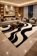 Black & White Abstract Wave Handmade Wool Rug | Modern Scandinavian Area Carpet